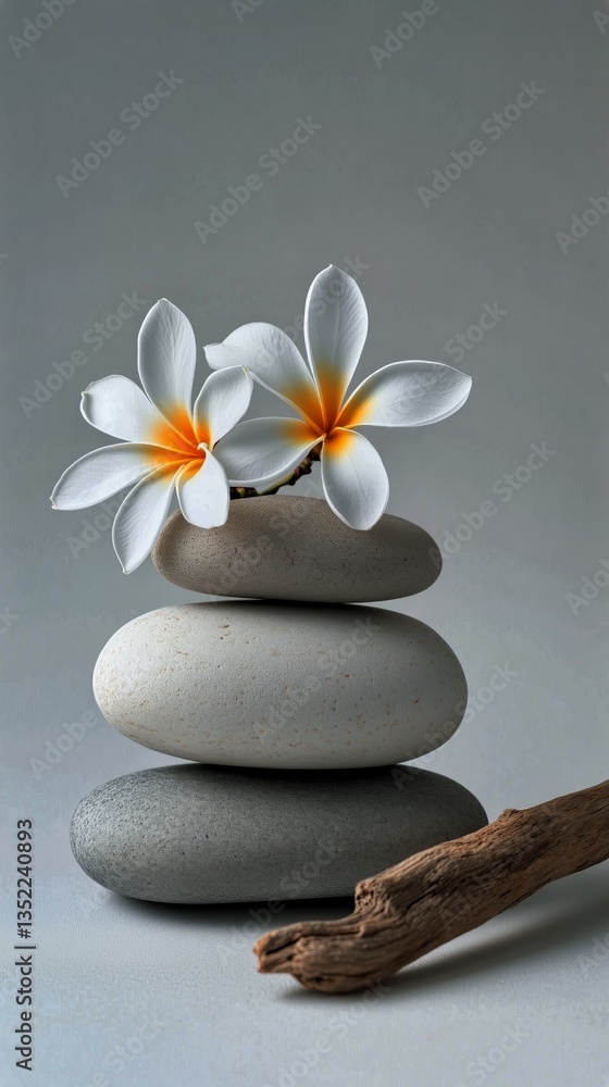Poster stacked stones and flowers create a serene composition in a calming setting