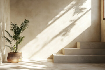 Plant in pot on floor near window; rays of sunlight striking leaves, casting shadows, creating serene indoor garden ambience.