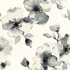 Watercolor ink painting, blooming flowers, simple and elegant style, black, gray, and white color. Watercolor print in rustic vintage style, textile or wallpapers.