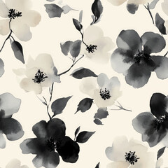 Elegant pattern of watercolor flowers in black and white on a cream background.  Watercolor print in rustic vintage style, textile or wallpapers.