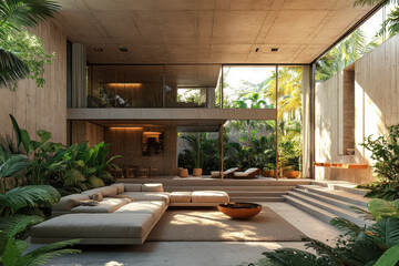 Obraz premium Large couch and lush plant dominate cozy living room.