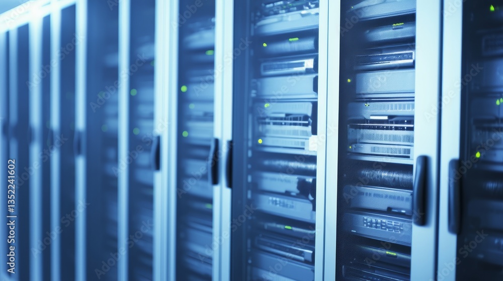 Poster high-tech server room with rows of servers illuminated, showcasing advanced technology and data stor
