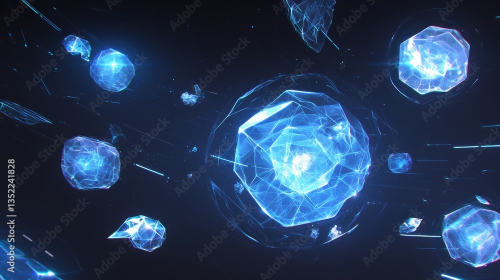 Poster abstract representation of luminous particles in a dark space, creating a futuristic atmosphere
