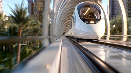 Fototapeta premium Modern Transportation Futuristic Train Traveling Through Tunnel with Urban City Scenery