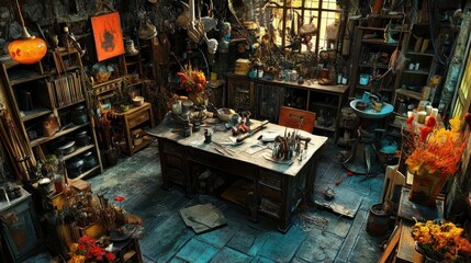 Naklejka premium A cluttered creative studio full of interesting objects and tools