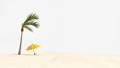Obraz premium Lonely yellow beach umbrella and palm tree on sandy shore on a white background