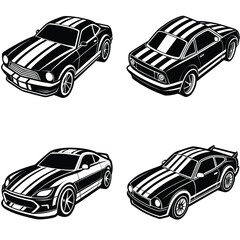 Sports car silhouette on white background. Vehicle icons set view from side, front, back, and top