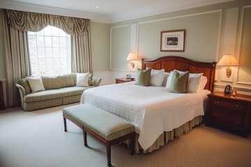 A luxurious well appointed bedroom offers comfort and relaxation