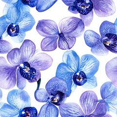 Watercolor blue orchid flowers pattern on a white background, featuring blue and purple colors. Watercolor print in rustic vintage style, textile or wallpapers.