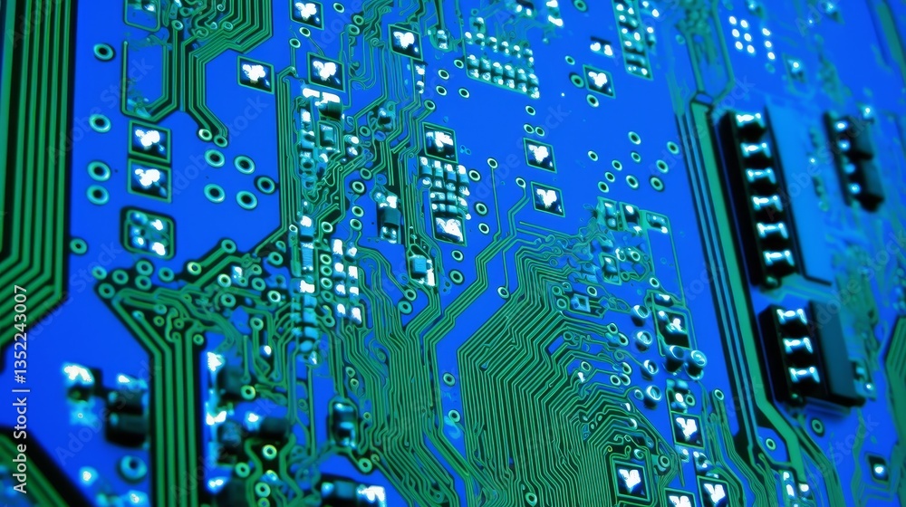 Poster close-up view of intricate blue circuit board with electronic components and connections