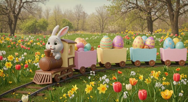 Easter bunny trns through a colorful flower meadow 