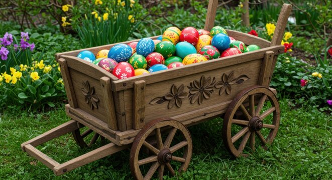 Colorful Easter eggs in a wooden cart among blooming flowers 