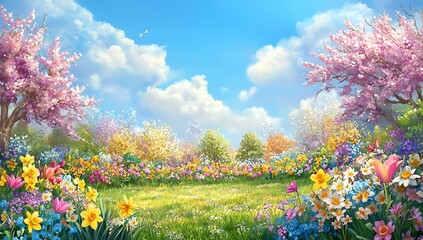 Obraz premium Tulip Garden in Full Bloom Sunny Day Landscape Park Scenery