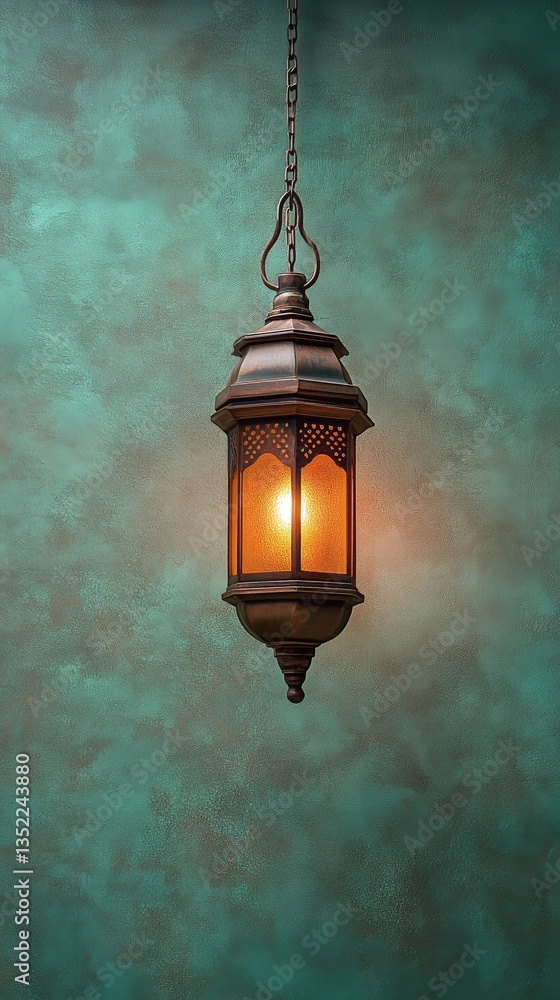 Poster hanging decorative lantern casting warm light in a tranquil setting with a textured background