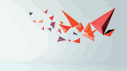 The image shows an abstract composition of various sized triangles in shades of red, orange, and black, scattered against a white background.  The triangles are rendered in a three-dimensional