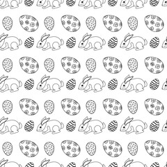 Black and white hand drawn seamless pattern of Easter bunnies and ornate Easter eggs. Repeating animals and eggs on a festive background. Ideal for kids coloring page, wrapping and holiday activities.