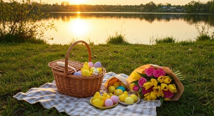 Colorful Easter celebration by the lakeside at sunset 