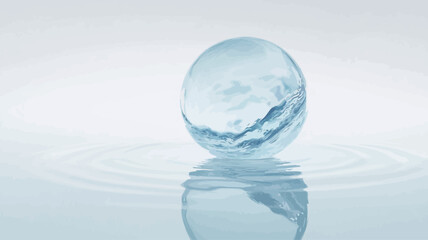 Close-up studio shot of a transparent crystal sphere resting on a calm water surface.  The sphere shows a faint internal landscape resembling mountains or clouds.  Concentric ripples emanate