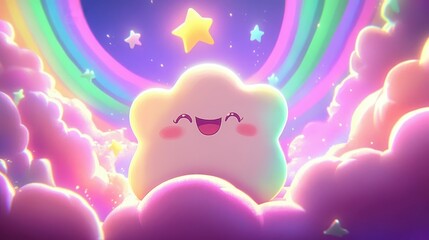 A happy cloud smiles above a rainbow with stars in the sky
