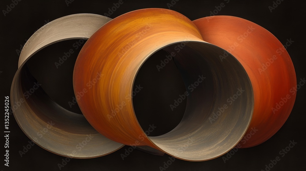 Poster abstract sculpture featuring intertwined circular forms in warm tones against a dark background