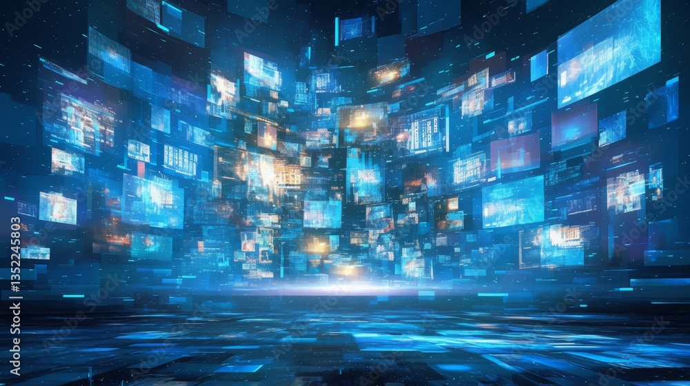 Poster futuristic digital landscape with floating screens displaying data in a vibrant blue environment