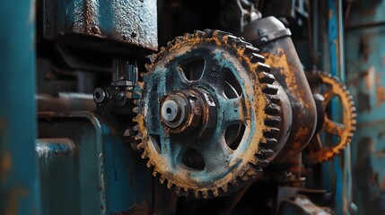Closeup view of old industrial engine gear wheels  long title Closeup view of rusty grungy industrial engine gear wheels and cogs against a