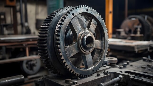 Engine gears in an industrial setting  long title Large industrial gear wheels and mechanical components in a workshop or factory setting showcasing