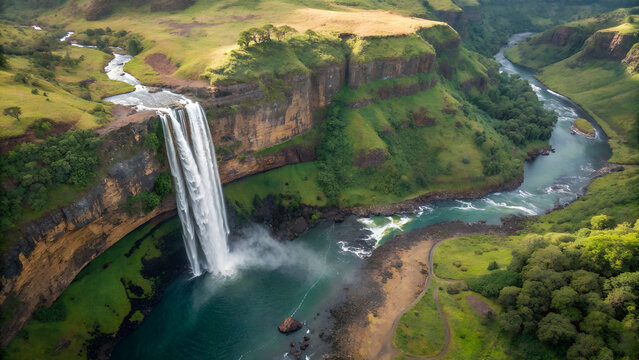 Aerial drone shot of a waterfall against a stunning natural landscape, vibrant greens and earthy tones, artistic and calming 