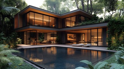 Fototapeta premium Modern tropical villa with large glass windows lush greenery and an infinity pool serene atmosphere illustration