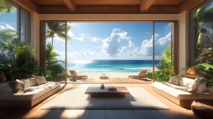 Fototapeta premium Luxurious open-concept beachfront home with wood accents and panoramic ocean views elegant tropical design illustration