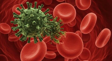 Virus attacking red blood cells in human bloodstream 