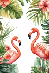 Obraz premium Two flamingos are surrounded by colorful tropical floral and fauna