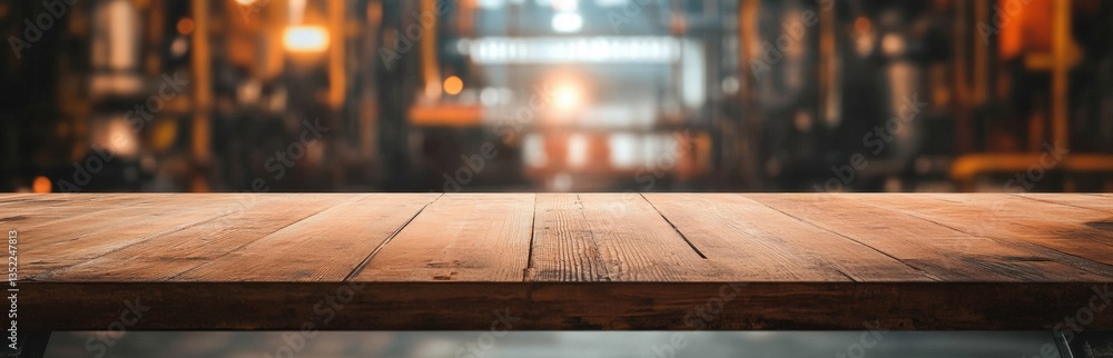 Poster a rustic wooden table set in an industrial workspace, illuminated by soft lighting, creates a warm a