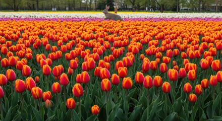Colorful tulip field with a rabbit in the background 