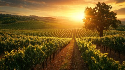 Obraz premium Sunset vineyard landscape, tree, hills, rows, golden hour, Tuscany, Italy, wine tourism