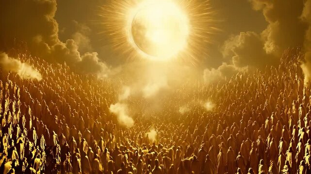 Jesus Christ stands in radiant light with clouds and multitude during a powerful moment of divine glory