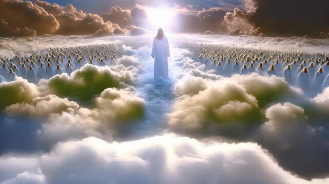 Jesus Christ appears in a glorious heavenly setting surrounded by crowds of angels and clouds during a celestial event