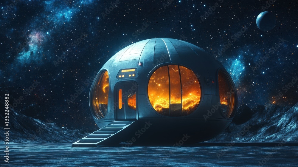 Aufkleber a futuristic spaceship like structure sits on a desolate moon