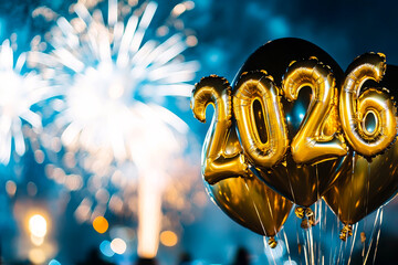 Gold New Year's celebration balloons and fireworks.