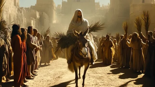 Jesus Christ enters the city on a donkey surrounded by followers celebrating with palm branches