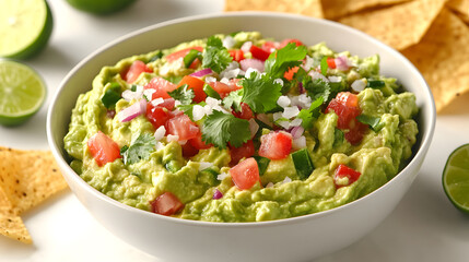 Yummy tasty avocado tomoates and chips in a bowl for food 
