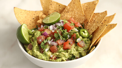 Yummy tasty avocado tomoates and chips in a bowl for food 