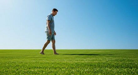 Man walking barefoot on green grass under clear blue sky 