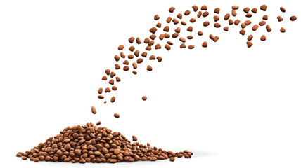 A high-angle, close-up studio shot depicts a stream of small, brown buckwheat grains falling and accumulating into a pile on a pure white background.  The grains are in sharp focus, showcasing