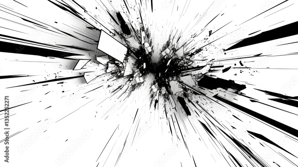 Poster abstract black and white digital lines converging towards the center. digital artwork of black color