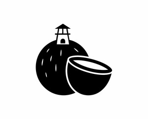 creative details Coconut with a Tiny Lighthouse on Top Icon vector illustration 
