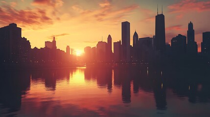 Fototapeta premium Beautiful urban skyline illustration with blue sky and water image