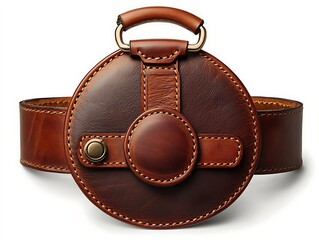 A round leather flask with handle and two connecting straps