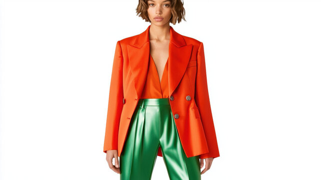 stylish outfit featuring vibrant orange blazer and metallic green trousers, exuding modern fashion vibes