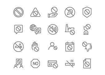 Restricted Realm Editable Vector Icon Set on Prohibition. This collection includes icons depicting various restrictions, from "stop signs" to no smoking symbols, ideal for informative designs 